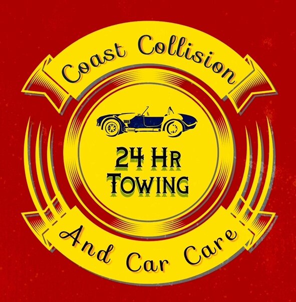 Round badge logo with yellow banners reading Coast Collision and And Car Care around a yellow disc with a navy roadster and 24 Hr Towing, on red